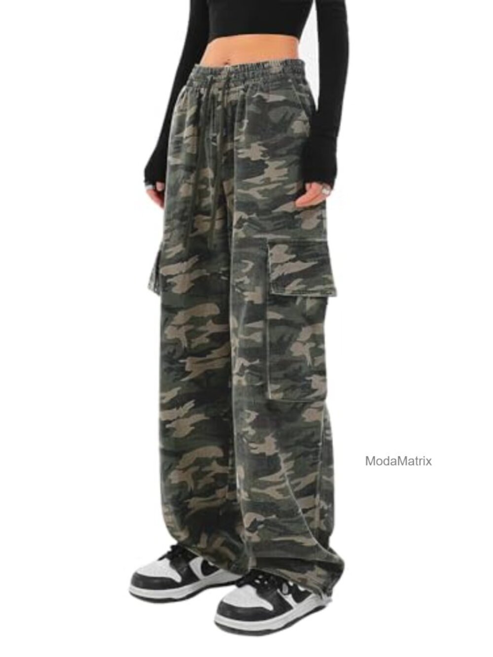 100% Cotton Baggy Wide Leg Cargo Pants 6 Pockets Drawstring